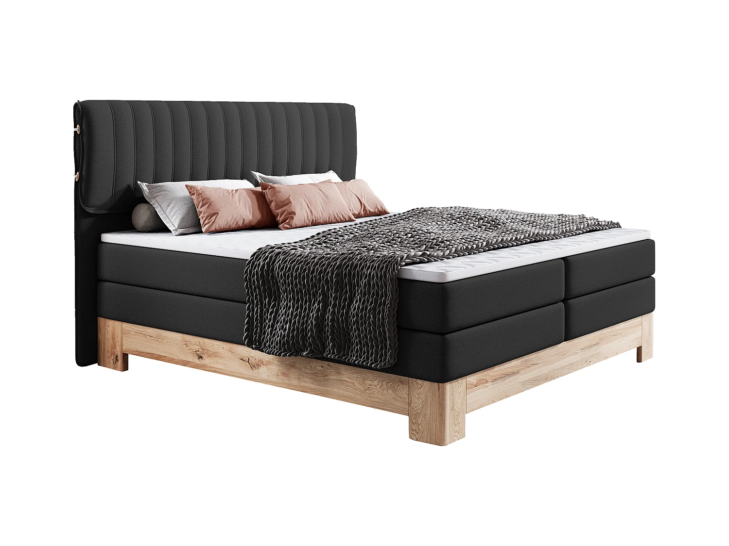 MELIA, Lit rembourré à ressorts ensachés, cadre en chêne, matelas élastique, surface de couchage : 180x200 cm, noir