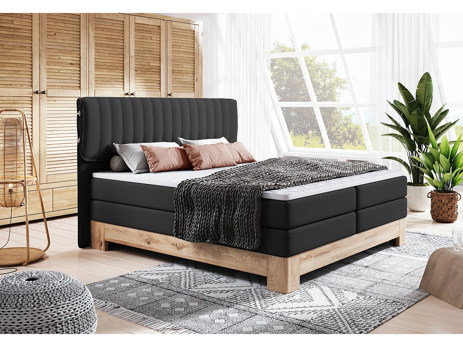 MELIA, Gestoffeerd bed met pocketveren, eiken frame, elastische matras, slaapoppervlak: 180x200 cm, zwart