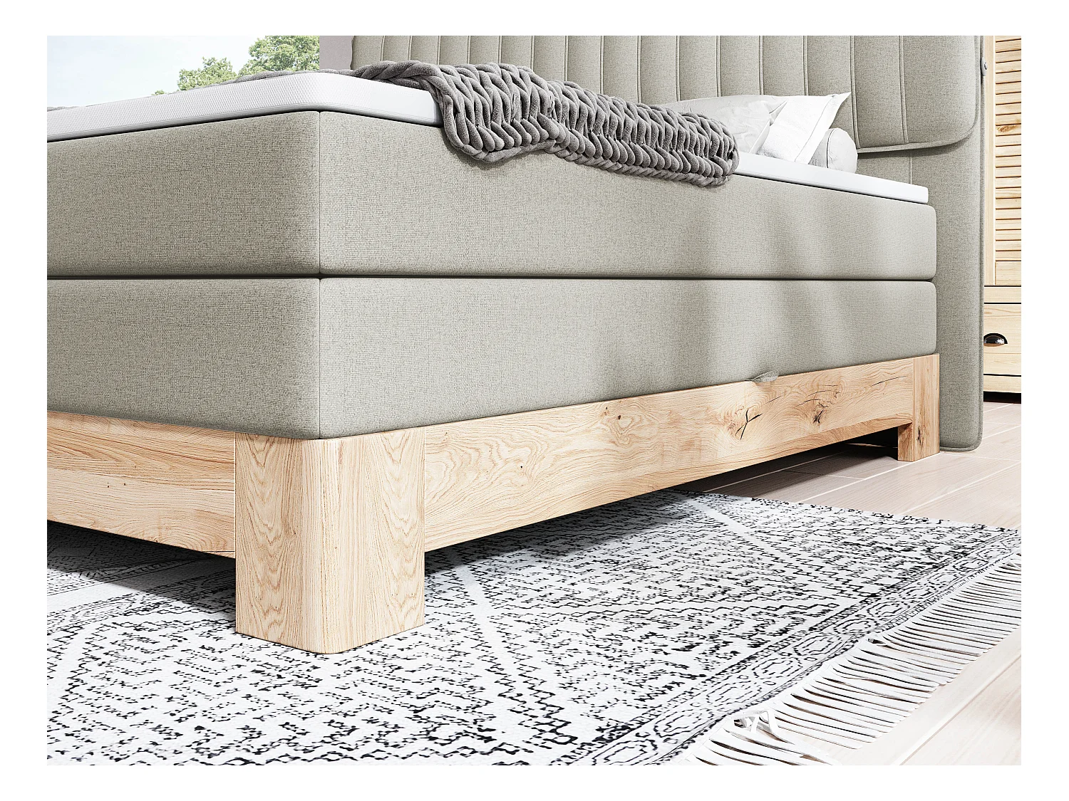 MELIA, Lit rembourré à ressorts ensachés, cadre en chêne, matelas élastique, surface de couchage : 180x200 cm, frêne