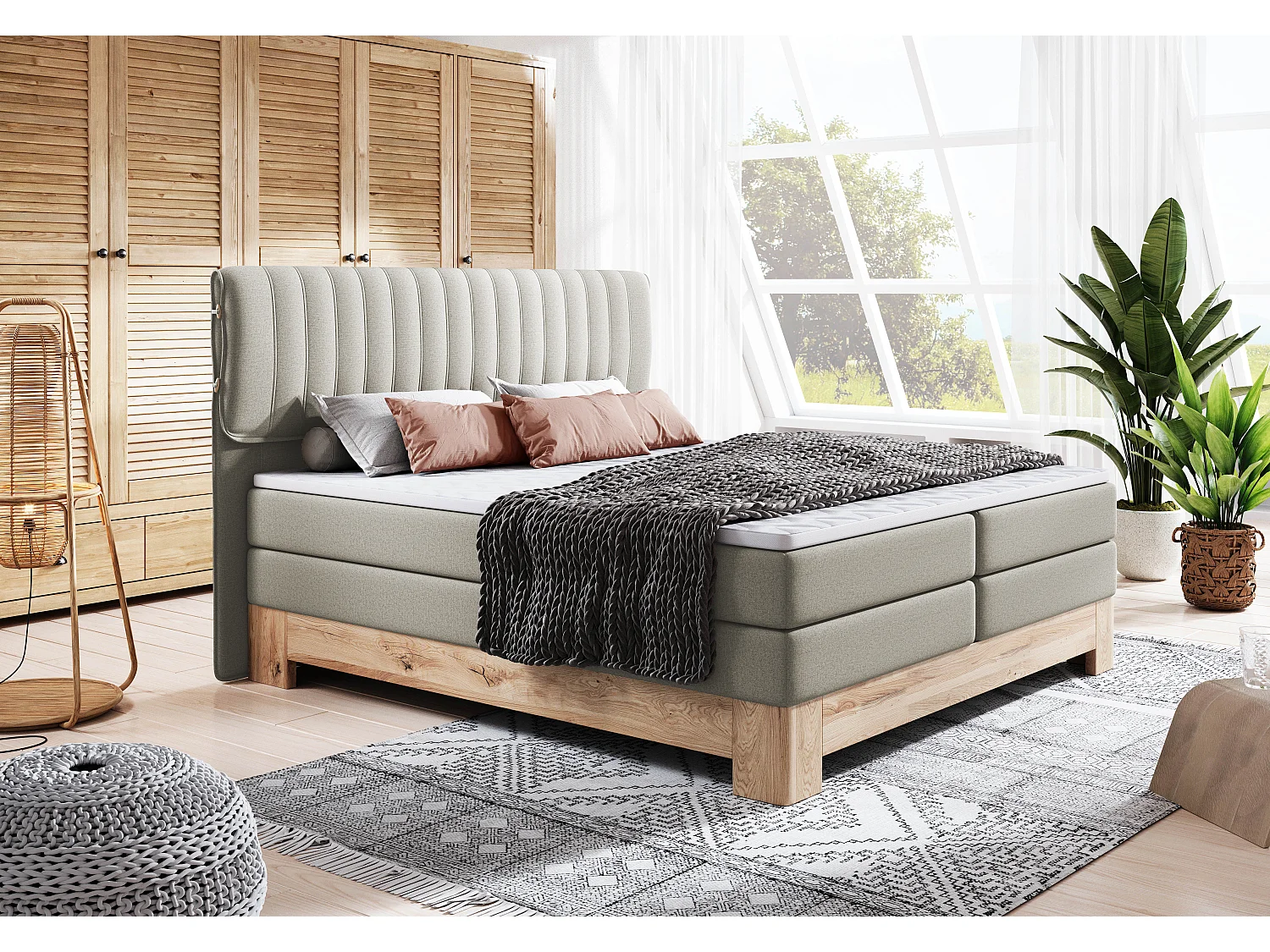 MELIA, Gestoffeerd bed met pocketveren, eiken frame, elastische matras, slaapoppervlak: 180x200 cm, essen