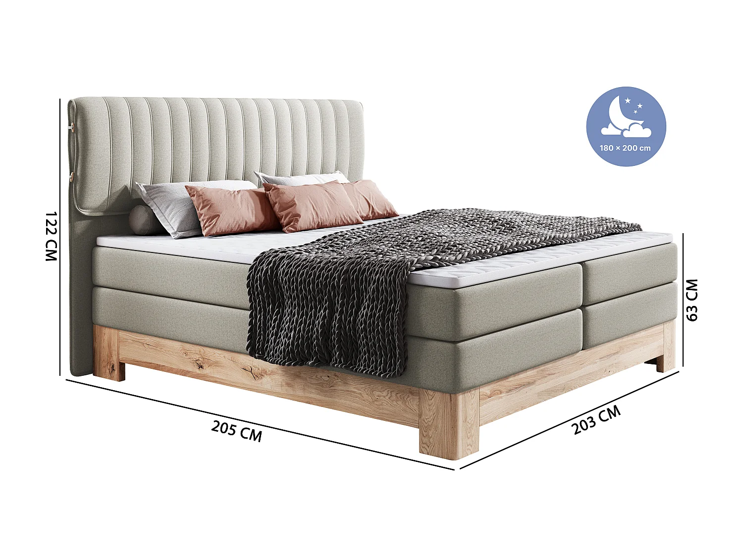 MELIA, Gestoffeerd bed met pocketveren, eiken frame, elastische matras, slaapoppervlak: 180x200 cm, essen