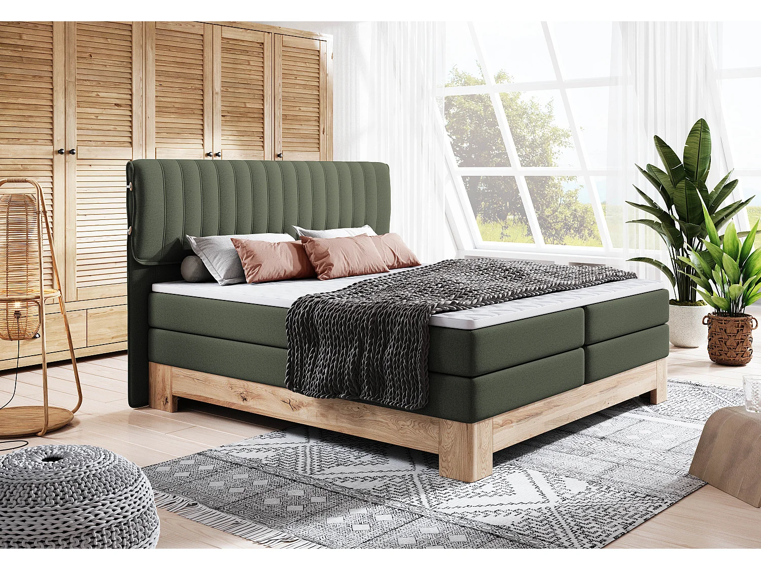 MELIA, Gestoffeerd bed met pocketveren, eiken frame, elastische matras, slaapoppervlak: 160x200 cm, donkergroen