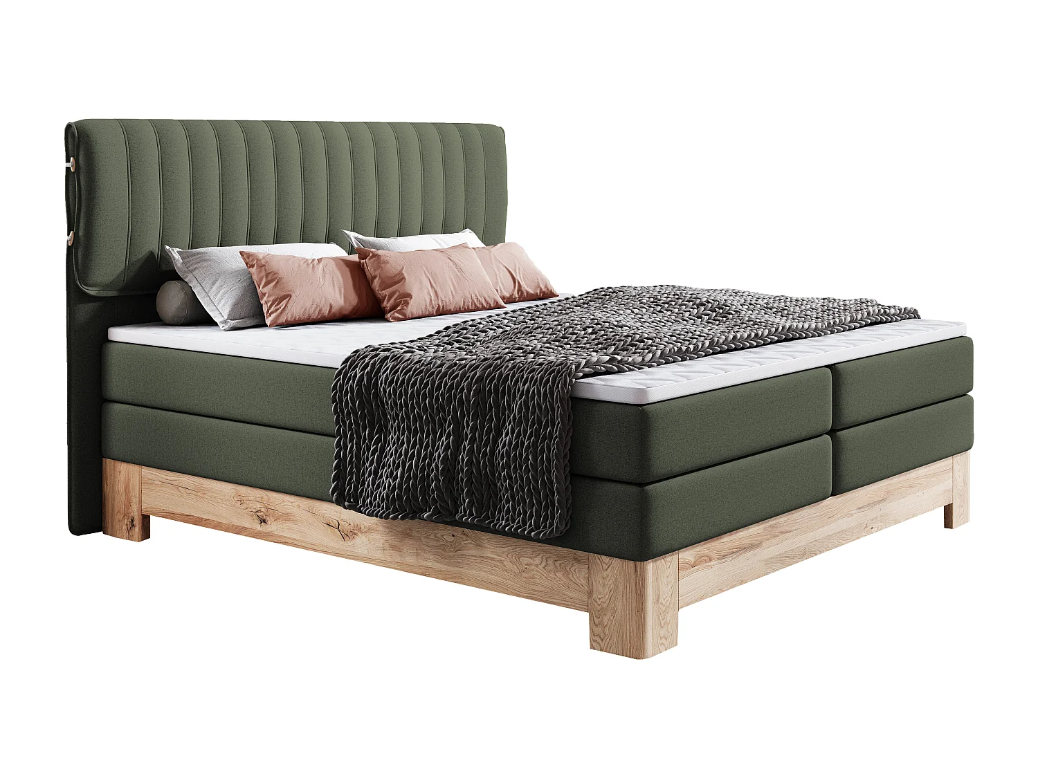 MELIA, Gestoffeerd bed met pocketveren, eiken frame, elastische matras, slaapoppervlak: 160x200 cm, donkergroen