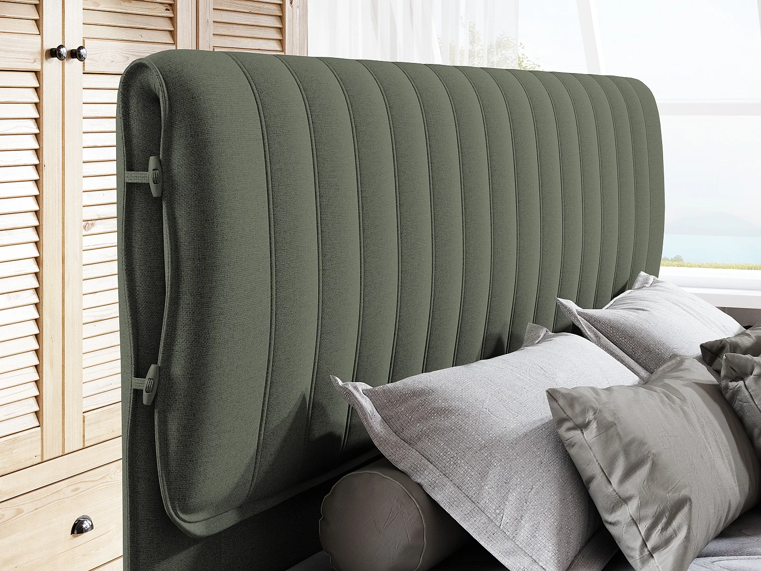 MELIA, Gestoffeerd bed met pocketveren, eiken frame, elastische matras, slaapoppervlak: 160x200 cm, donkergroen