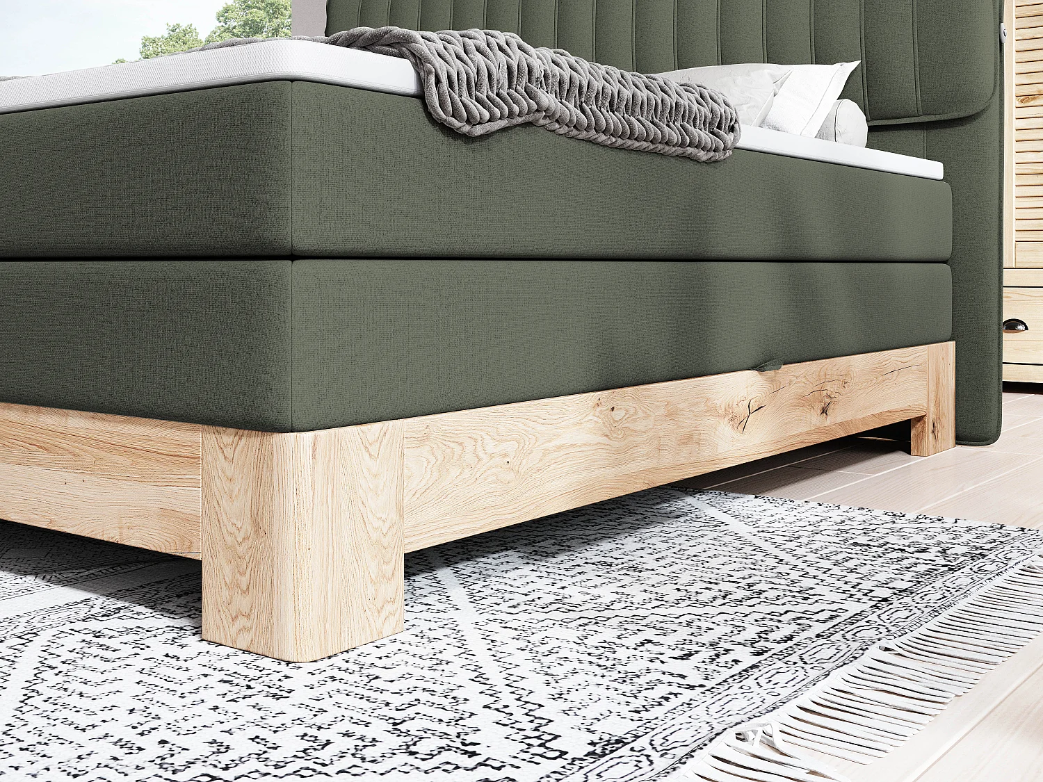 MELIA, Gestoffeerd bed met pocketveren, eiken frame, elastische matras, slaapoppervlak: 180x200 cm, donkergroen