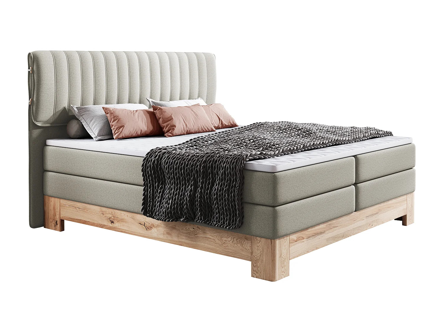 MELIA, Gestoffeerd bed op pocketveren, eiken frame, elastische matras, slaapoppervlak: 140x200 cm, essen