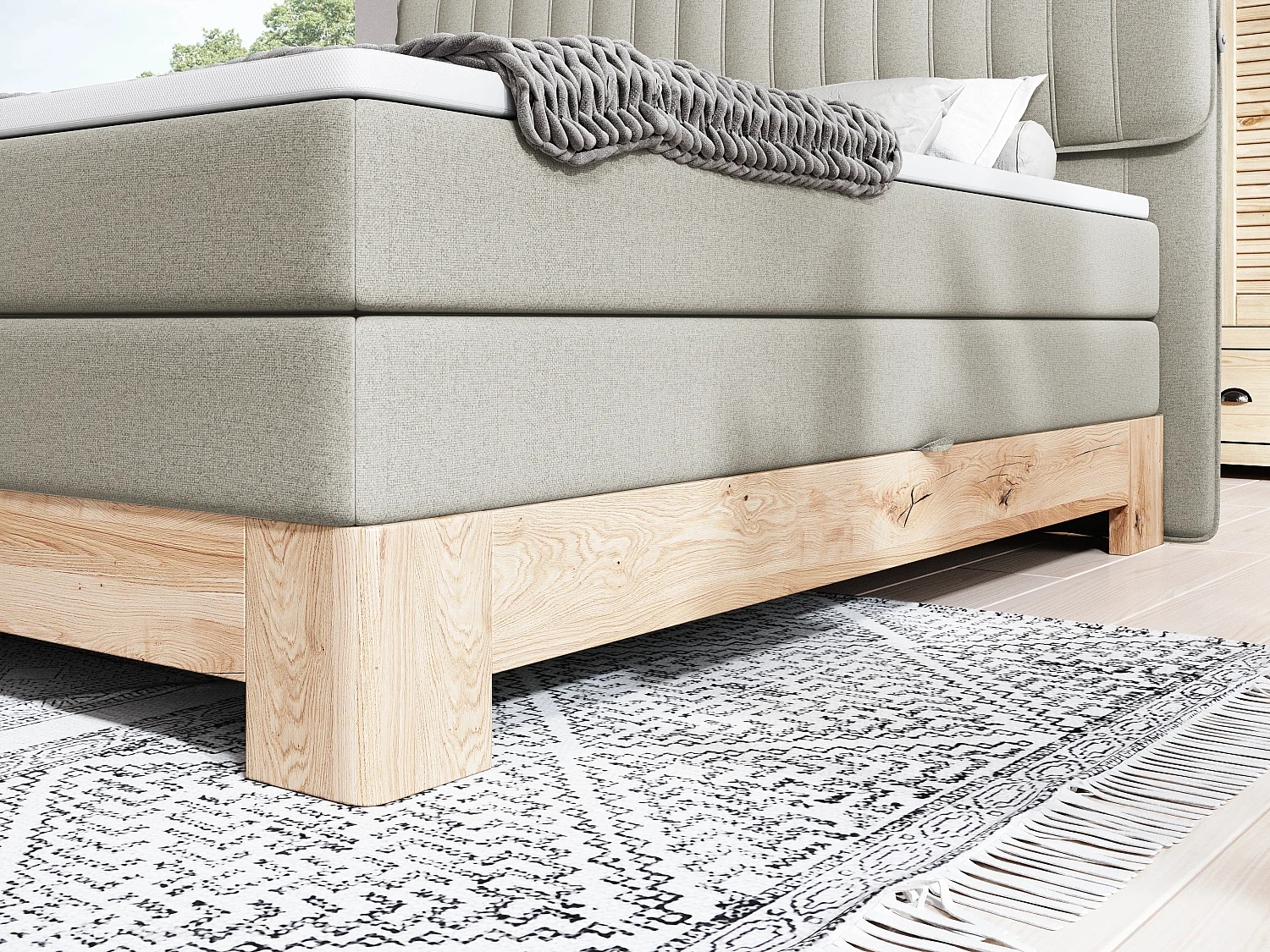 MELIA, Gestoffeerd bed op pocketveren, eiken frame, elastische matras, slaapoppervlak: 140x200 cm, essen