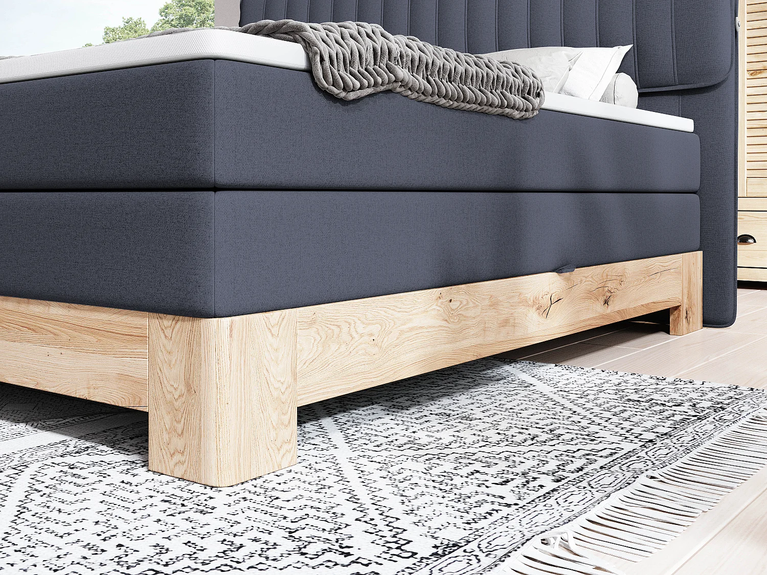 MELIA, Gestoffeerd bed met pocketveren, eikenhouten frame, elastische matras, slaapoppervlak: 140x200 cm, blauw