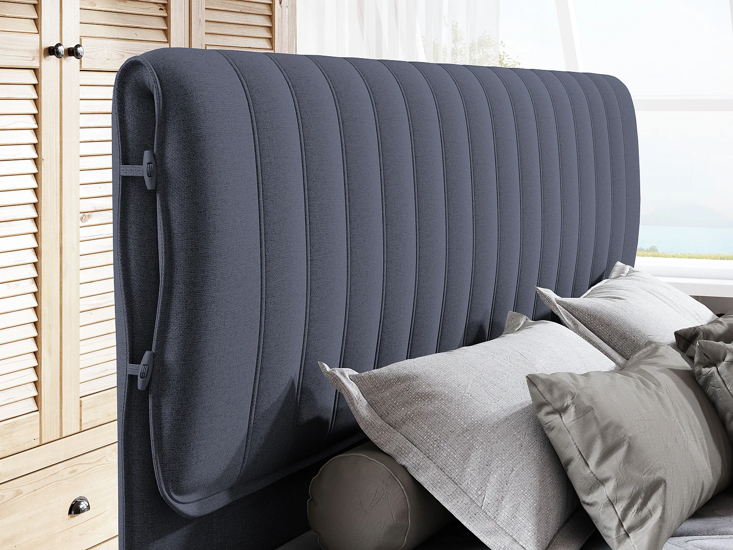 MELIA, Gestoffeerd bed met pocketveren, eikenhouten frame, elastische matras, slaapoppervlak: 140x200 cm, blauw