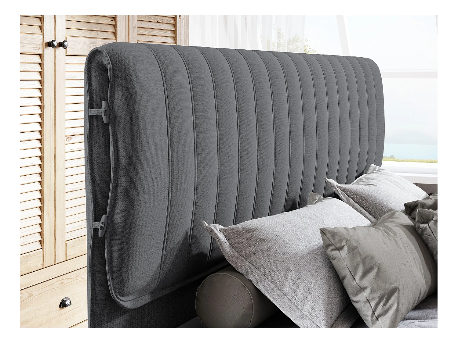 MELIA, Lit tapissé avec ressorts ensachés, cadre en chêne, matelas élastique, surface de couchage : 180x200 cm, graphite