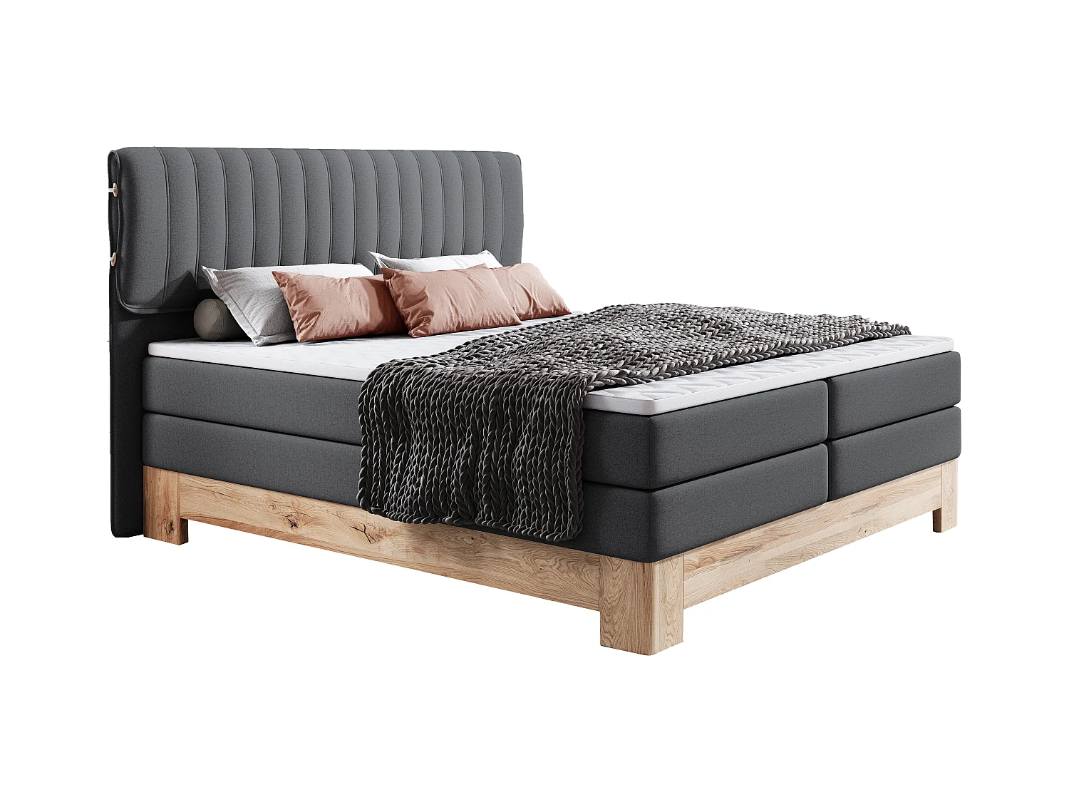 MELIA, Lit tapissé avec ressorts ensachés, cadre en chêne, matelas élastique, surface de couchage : 180x200 cm, graphite