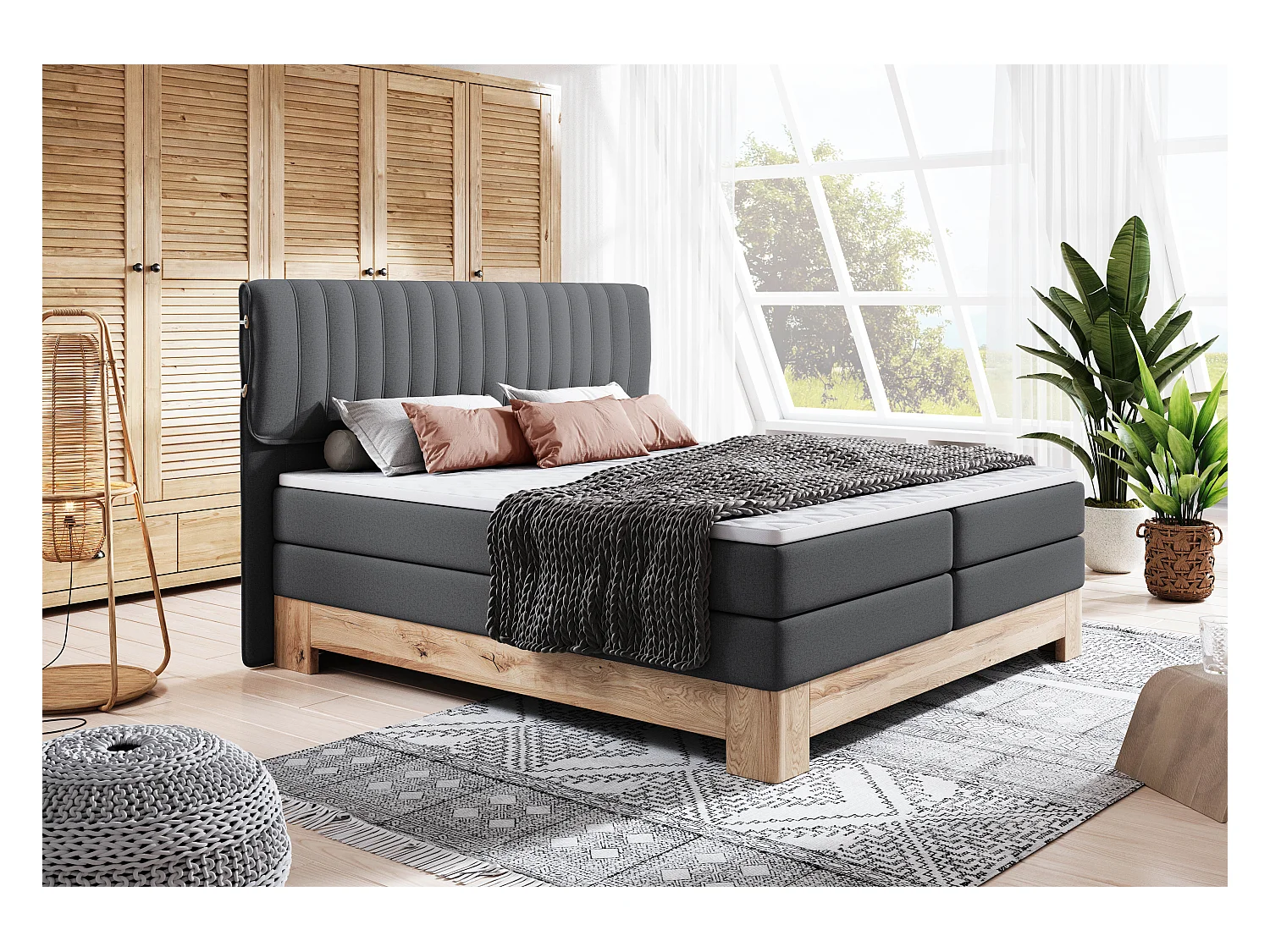 MELIA, Lit tapissé avec ressorts ensachés, cadre en chêne, matelas élastique, surface de couchage : 180x200 cm, graphite