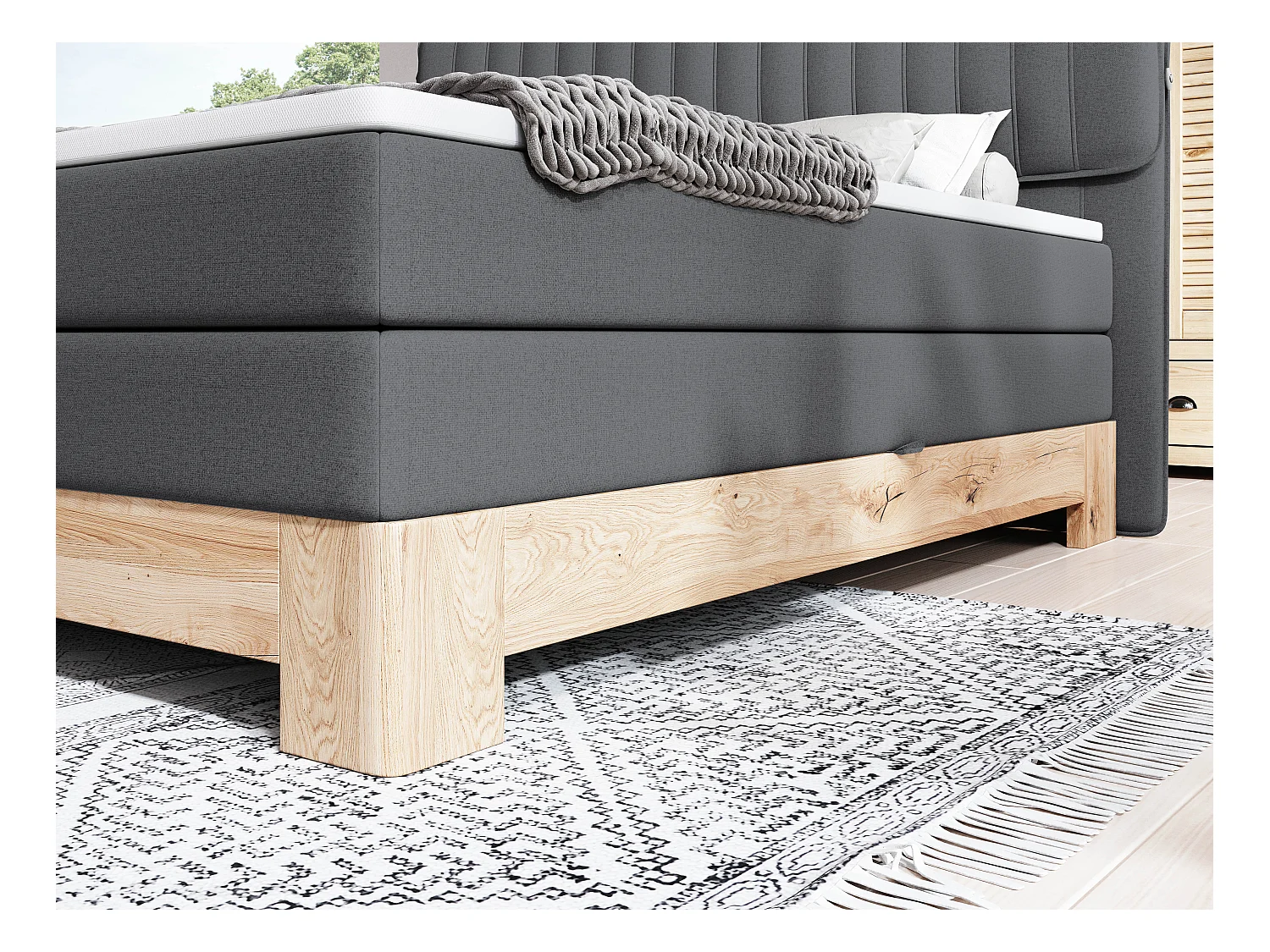 MELIA, Lit tapissé avec ressorts ensachés, cadre en chêne, matelas élastique, surface de couchage : 180x200 cm, graphite
