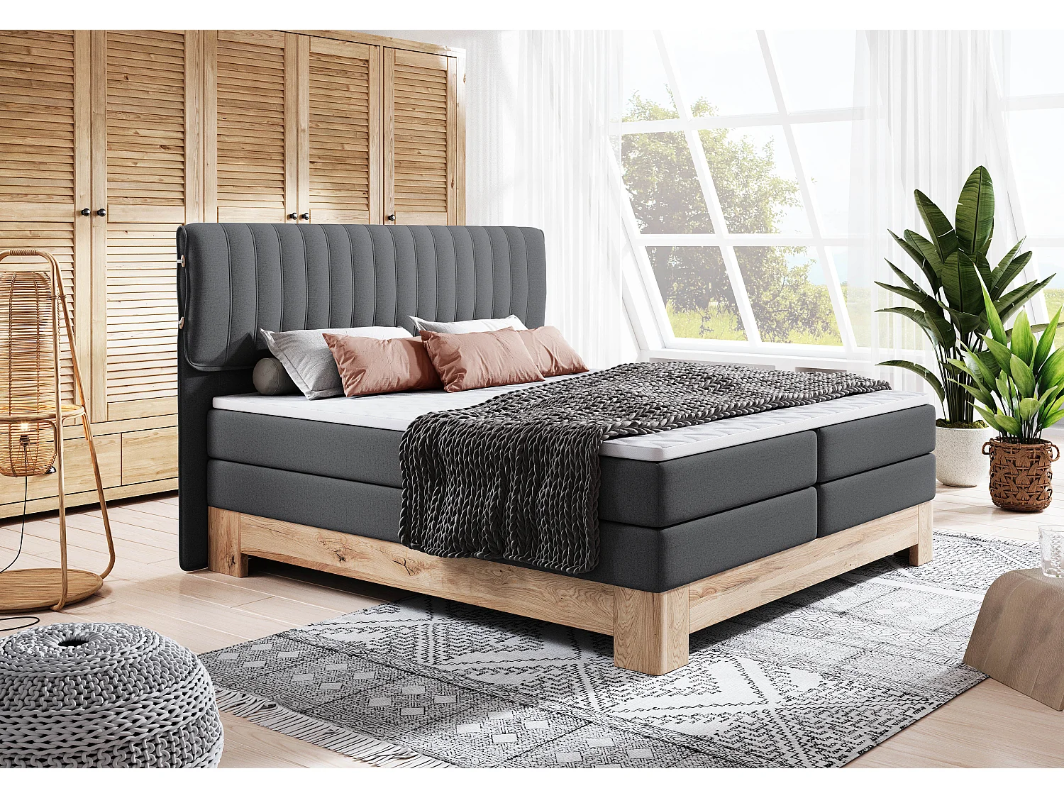 MELIA, Gestoffeerd bed met pocketveren, eiken frame, elastische matras, slaapoppervlak: 180x200 cm, grafiet