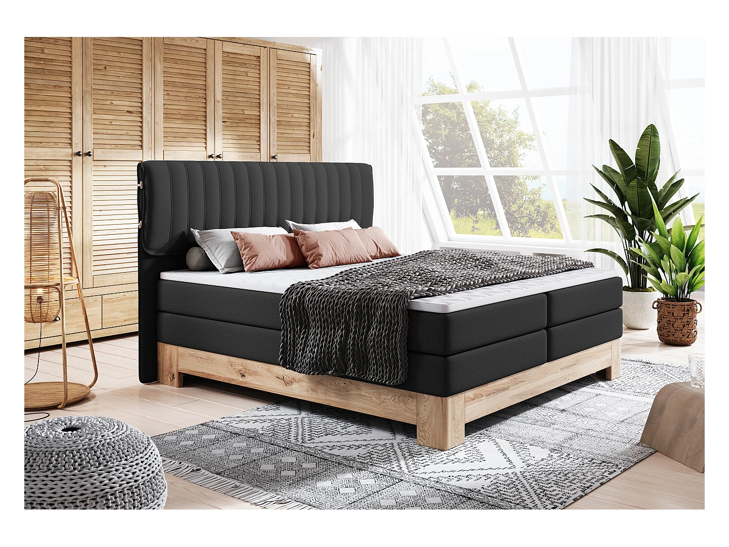 MELIA, Lit rembourré avec ressorts ensachés, cadre en chêne, matelas élastique, surface de couchage : 160x200 cm, noir