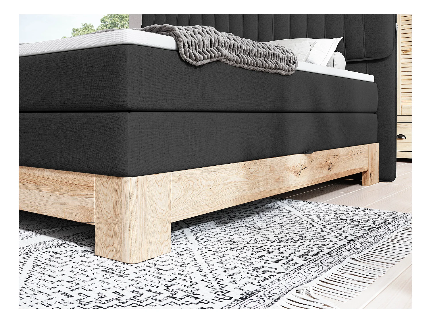 MELIA, Lit rembourré avec ressorts ensachés, cadre en chêne, matelas élastique, surface de couchage : 160x200 cm, noir