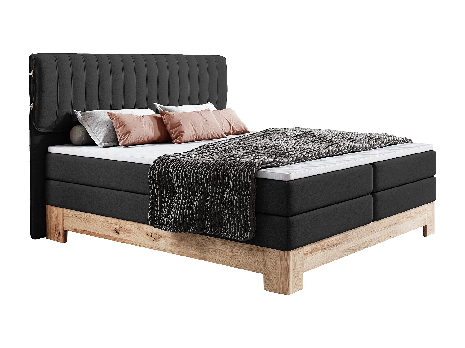 MELIA, Gestoffeerd bed met pocketveren, eiken frame, elastische matras, slaapoppervlak: 160x200 cm, zwart