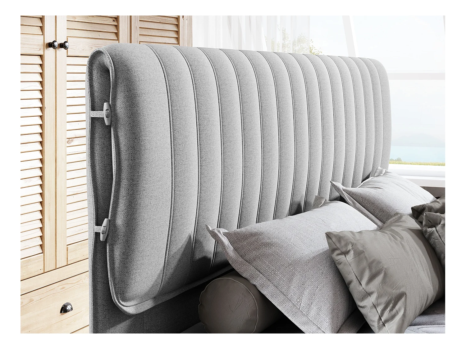 MELIA, Lit rembourré à ressorts ensachés, cadre en chêne, matelas élastique, surface de couchage : 180x200 cm, gris clair