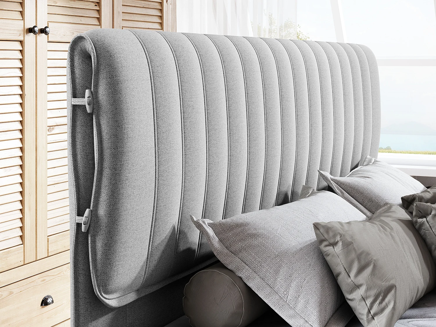 MELIA, Gestoffeerd bed met pocketveren, eiken frame, elastische matras, slaapoppervlak: 180x200 cm, lichtgrijs