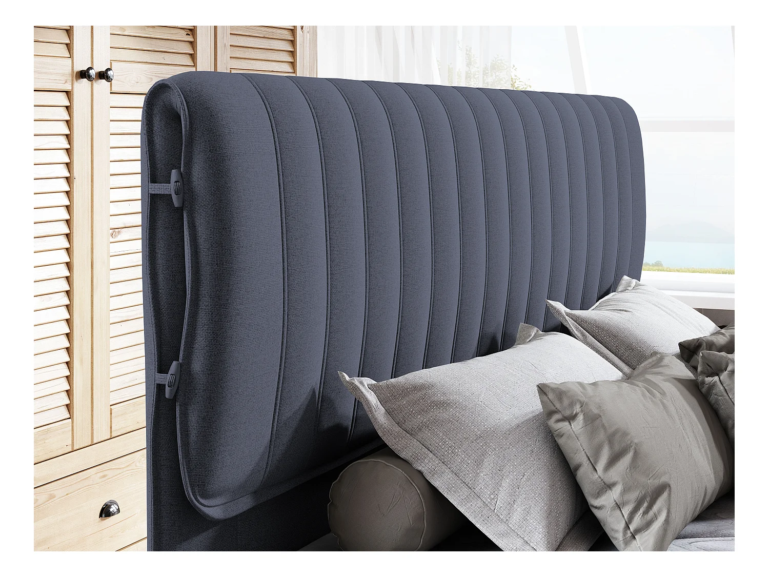 MELIA, Lit rembourré avec ressorts ensachés, cadre en chêne, matelas élastique, surface de couchage : 160x200 cm, bleu