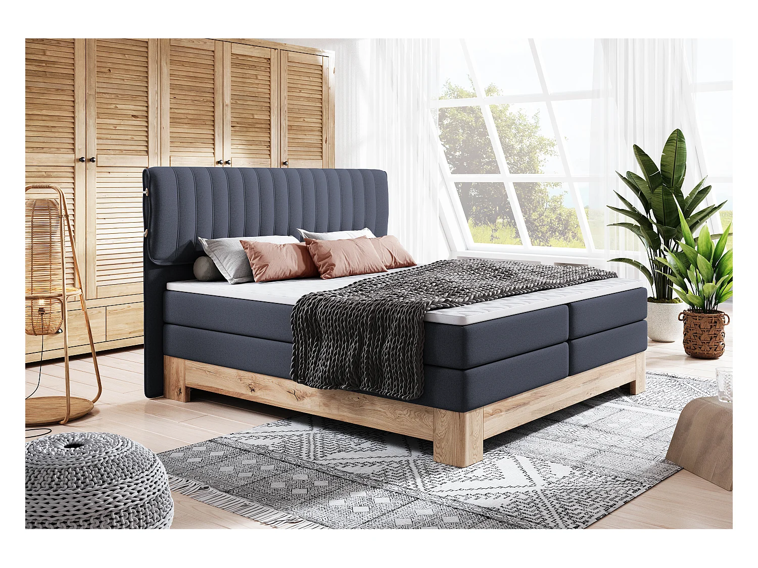 MELIA, Lit rembourré avec ressorts ensachés, cadre en chêne, matelas élastique, surface de couchage : 160x200 cm, bleu