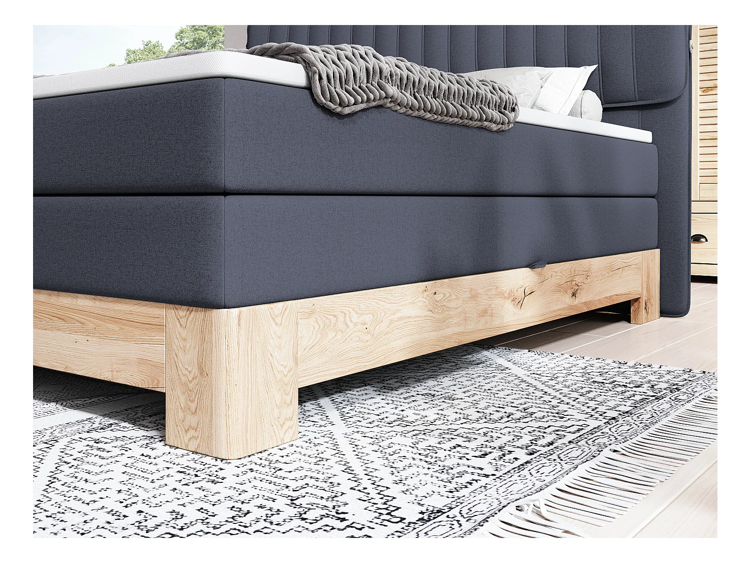 MELIA, Lit rembourré avec ressorts ensachés, cadre en chêne, matelas élastique, surface de couchage : 160x200 cm, bleu