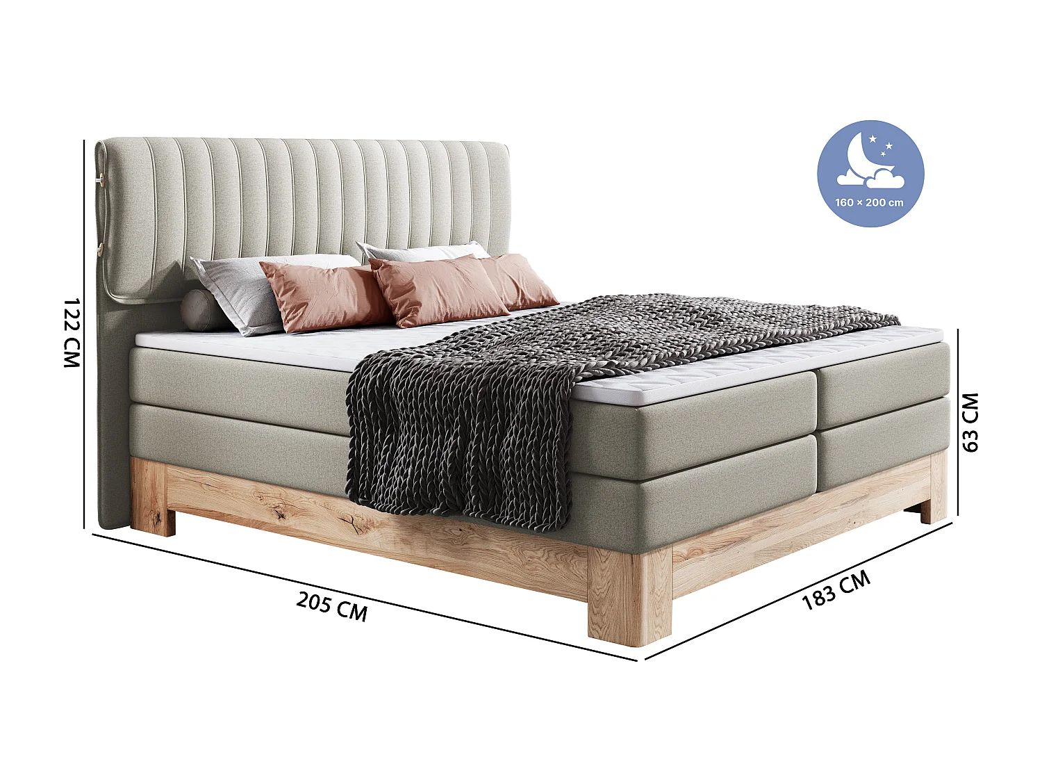 MELIA, Gestoffeerd bed met pocketveren, eiken frame, elastische matras, slaapoppervlak: 160x200 cm, blauw