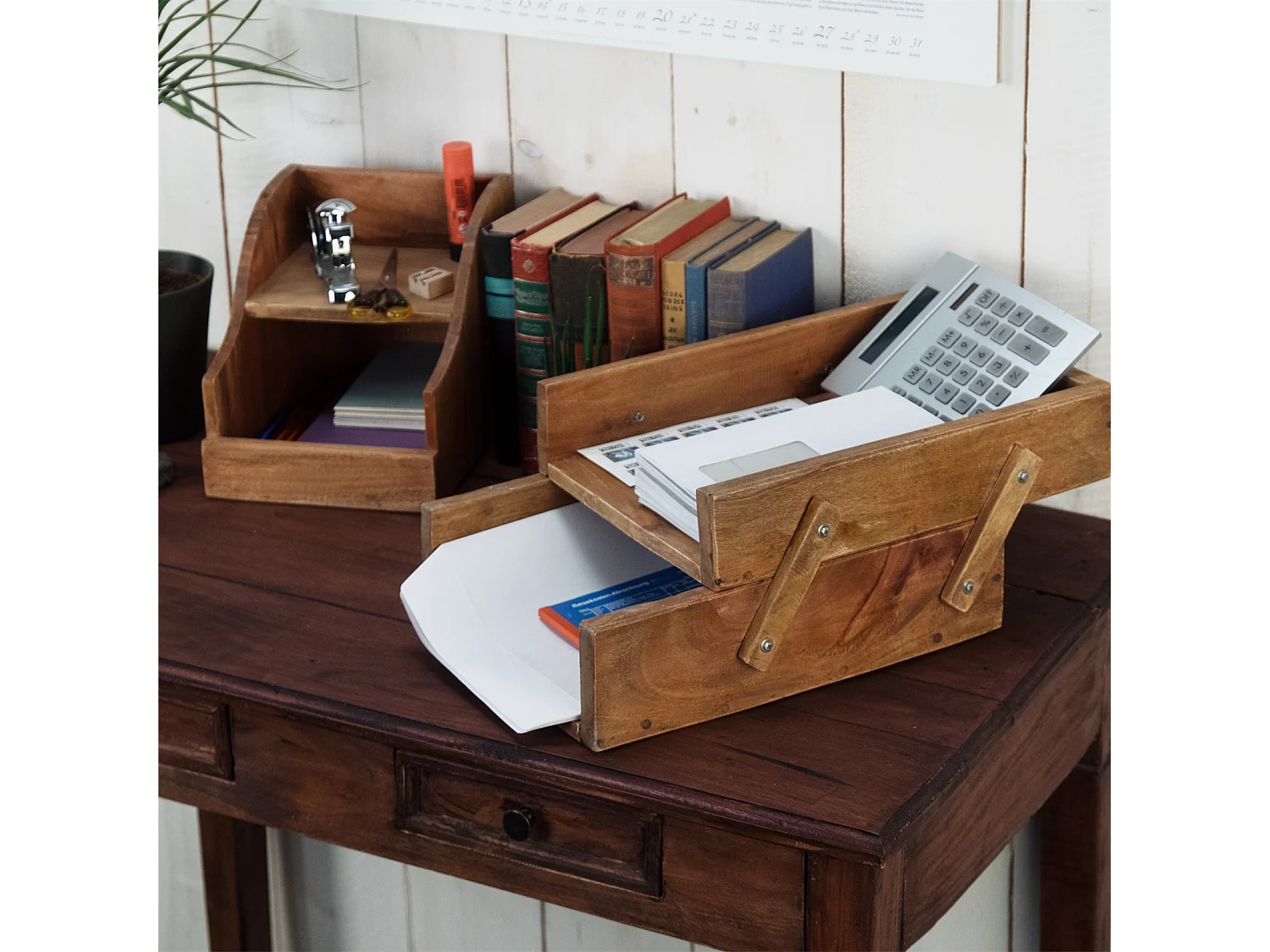 ORGANISATEUR DE BUREAU Diapositive Bois massif en acajou, 2 compartiments, réglable couleurs naturelles