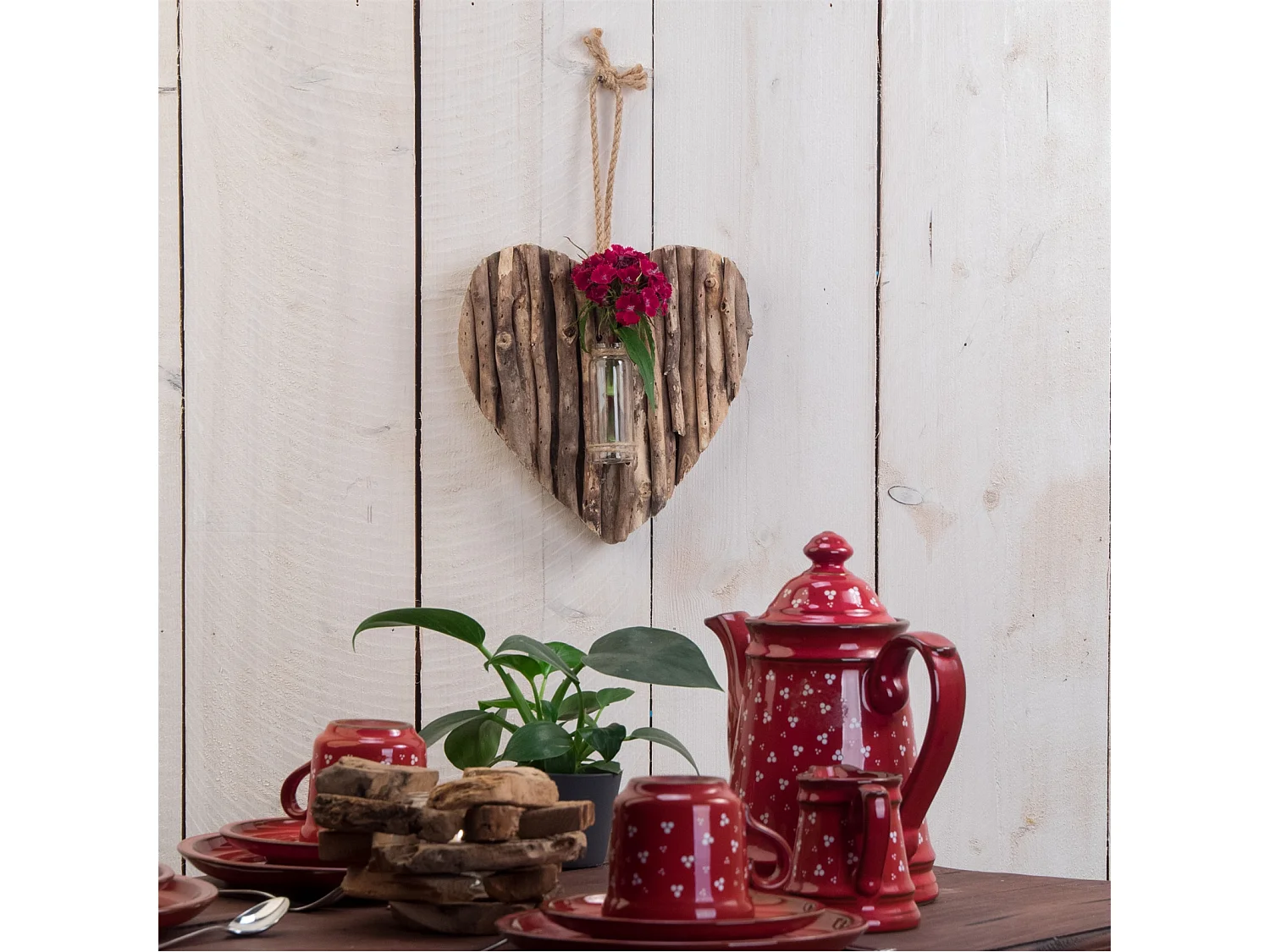 WANDVASE Flor Treibholz, Herzform, mit Reagenzglas naturfarben