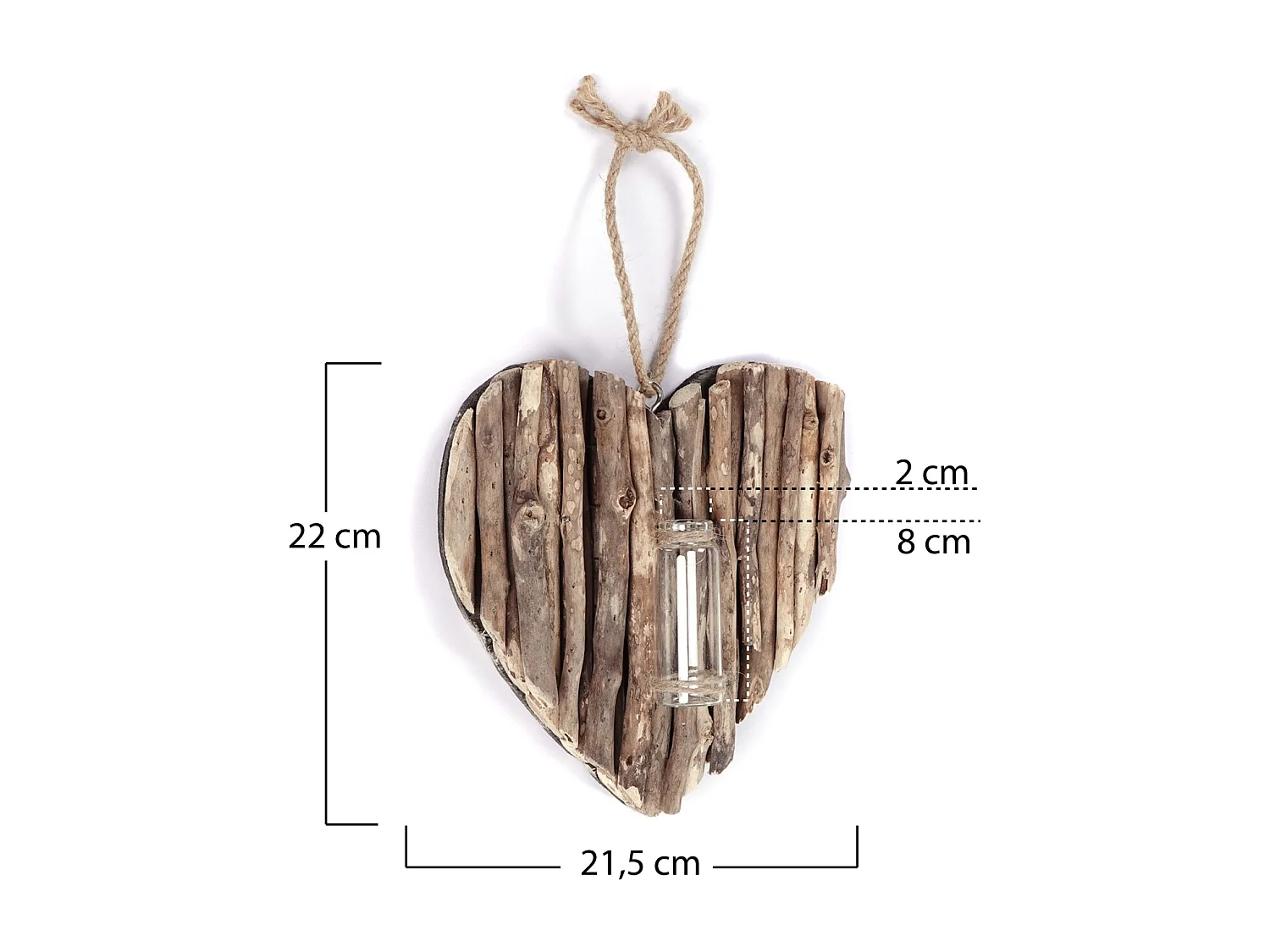 VASE MURAL Flor Bois flotté, en forme de cœur, avec tube à essai couleurs naturelles