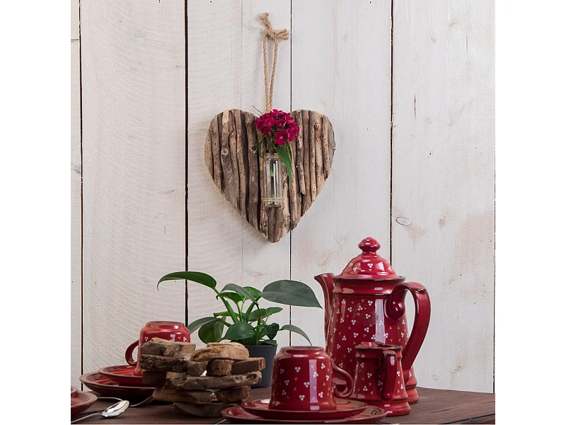 WANDVASE Flor Treibholz, Herzform, mit Reagenzglas naturfarben