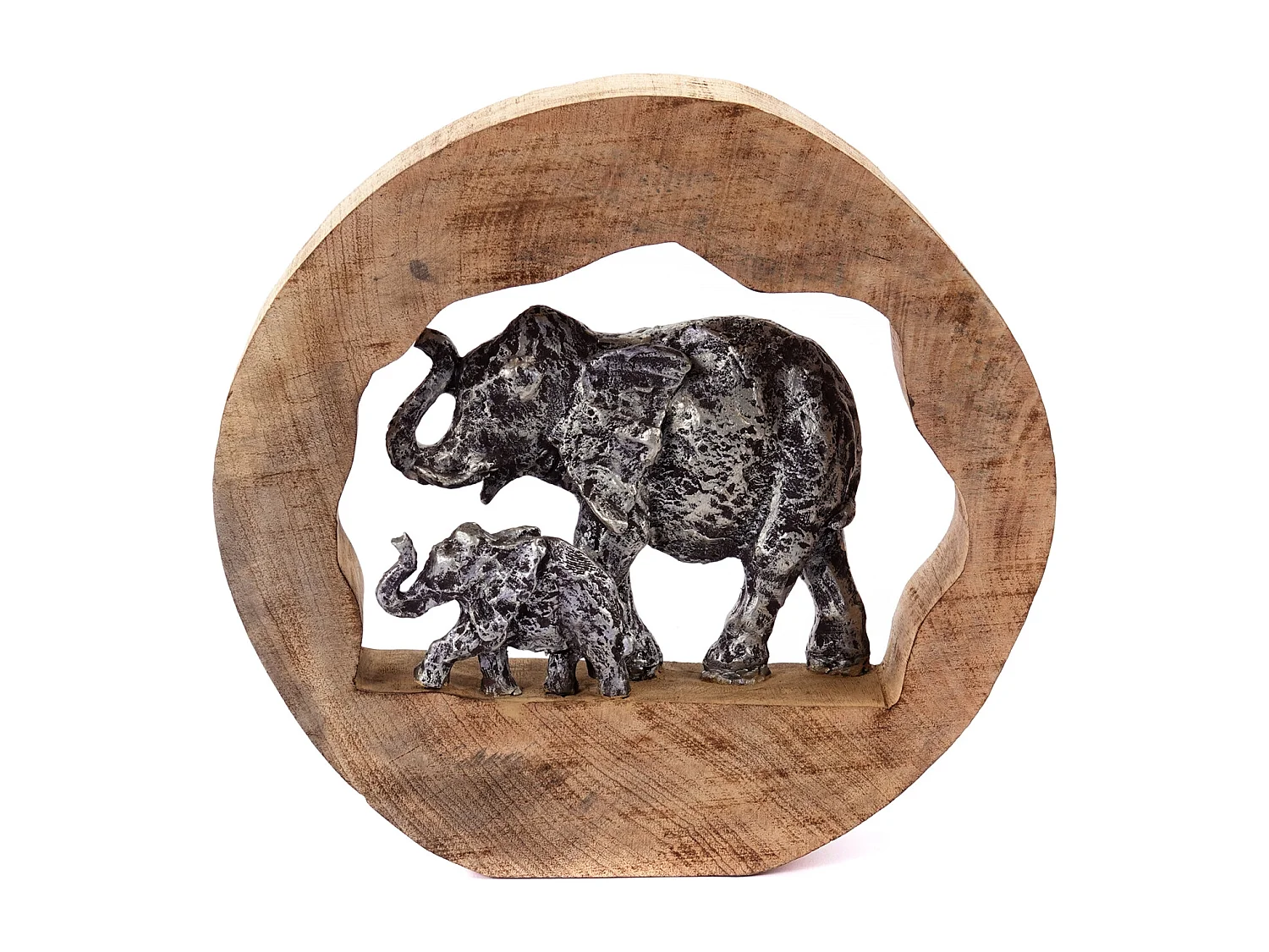 SKULPTUR Log Elephants Mangoholz, Aluminium silber-natur