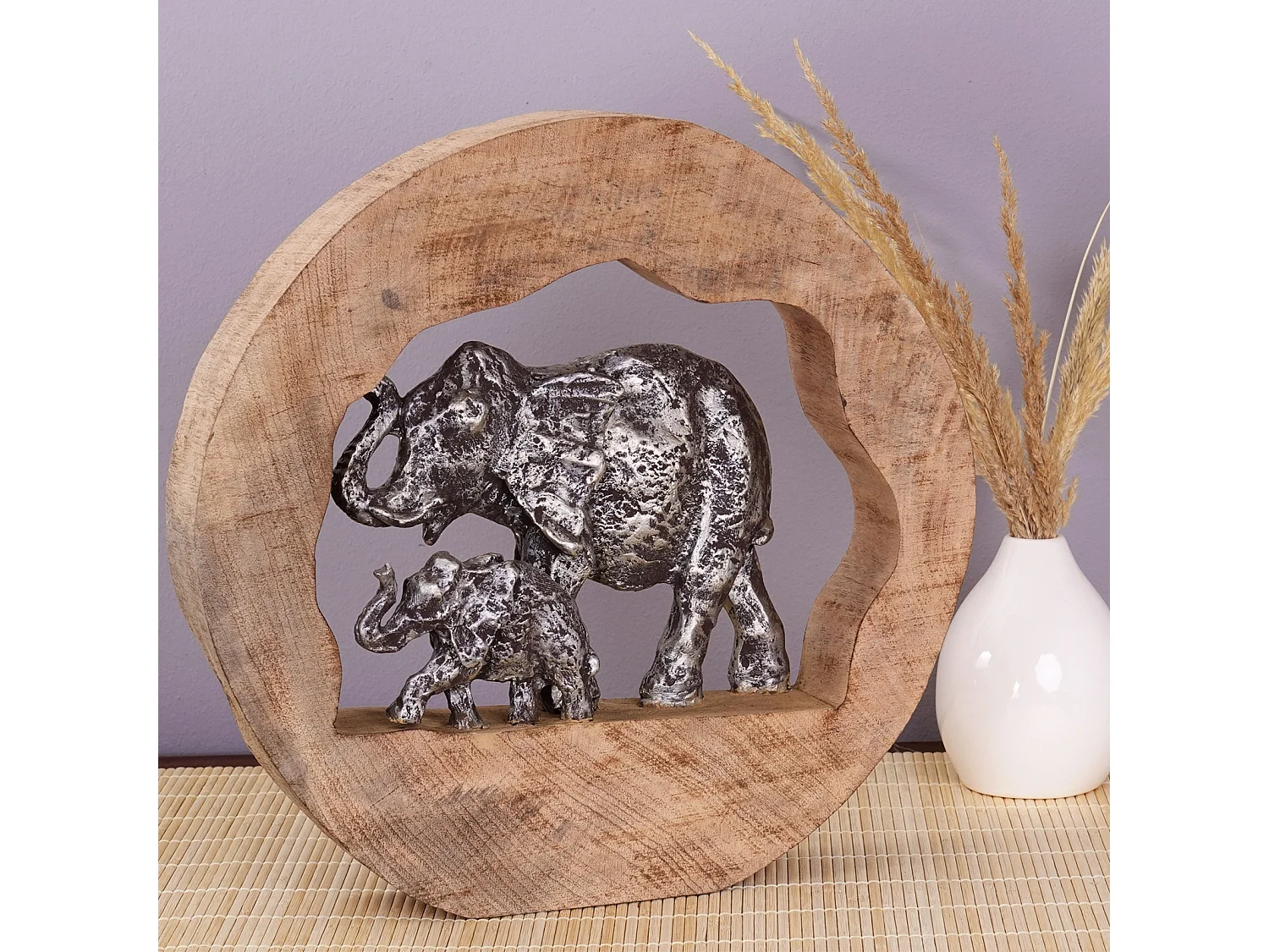 SCULPTURE Éléphants de journal Bois de mangue, aluminium argent-nature