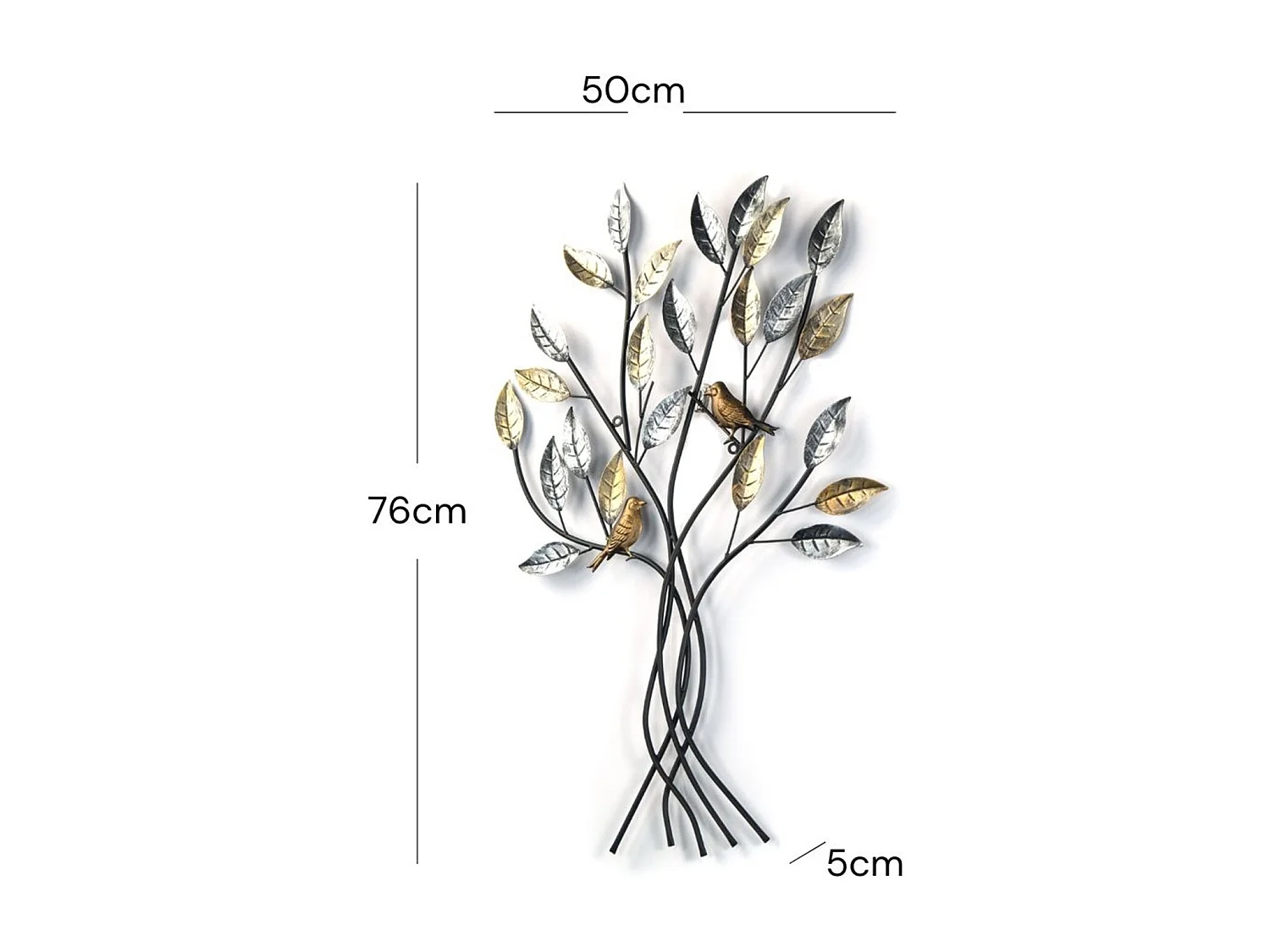 WANDDEKO Baum mit Vögeln 76x50 cm, Metall silber-gold