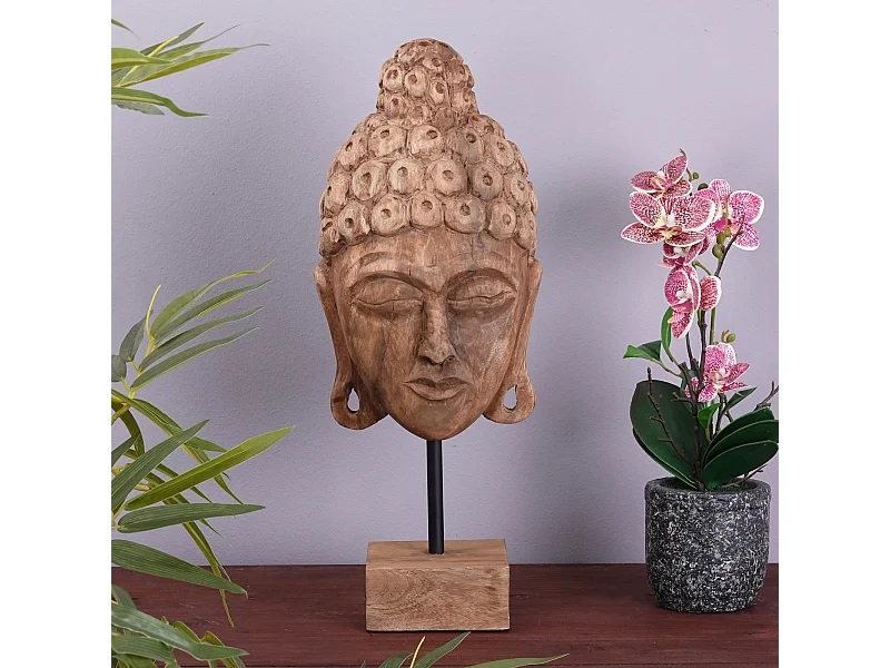 SCULPTURE Buddha Bali Bois de mangue, sur socle couleurs naturelles