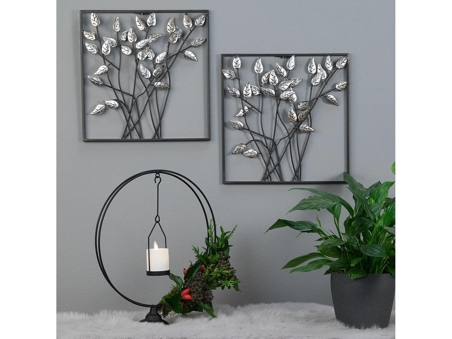 DÉCORATION MURALE Feuilles 30x30 cm, métal argent antique