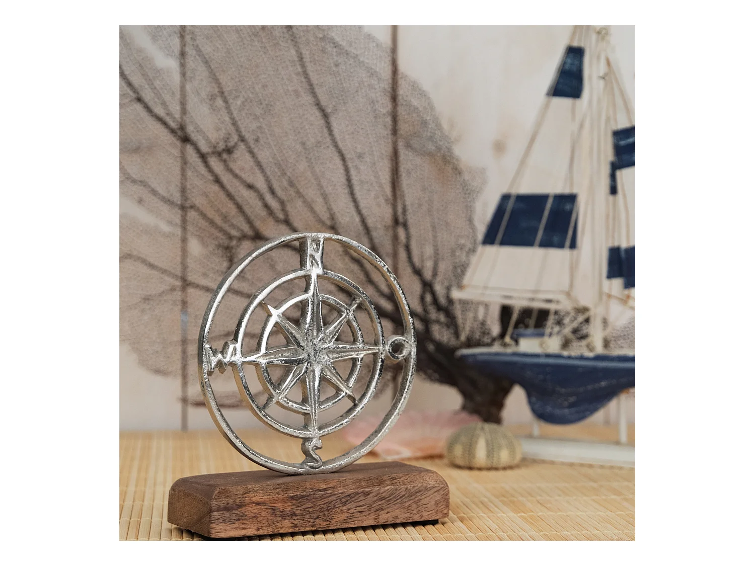 AUFSTELLER Maritim Windrose Metall, Mangoholz silber-braun
