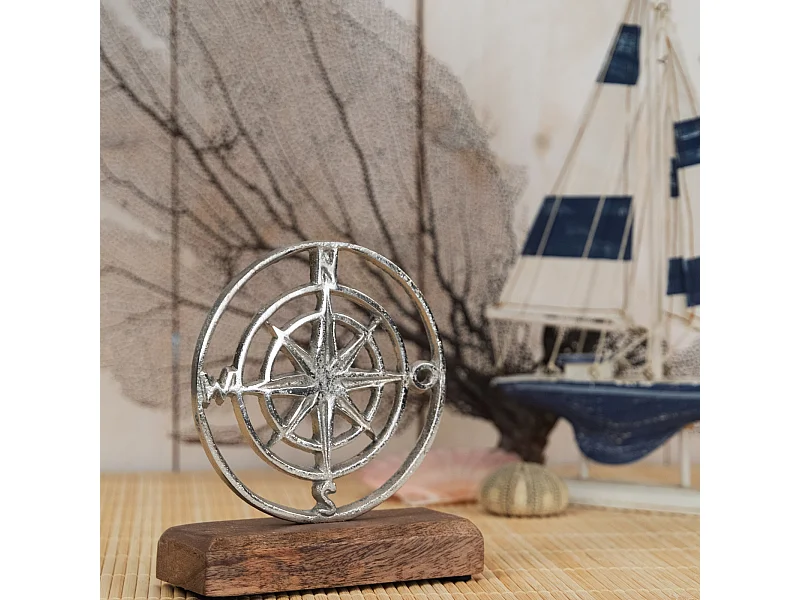PANNEAU D'AFFICHAGE Ancre maritime et rose des vents Métal, bois de mangue argent-brun
