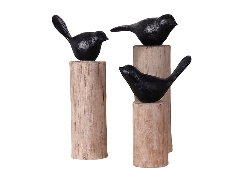 VOGEL-SKULPTUREN-SET Birdy 3-tlg. verschiedene Größen auf Massivholz-Sockel naturfarben