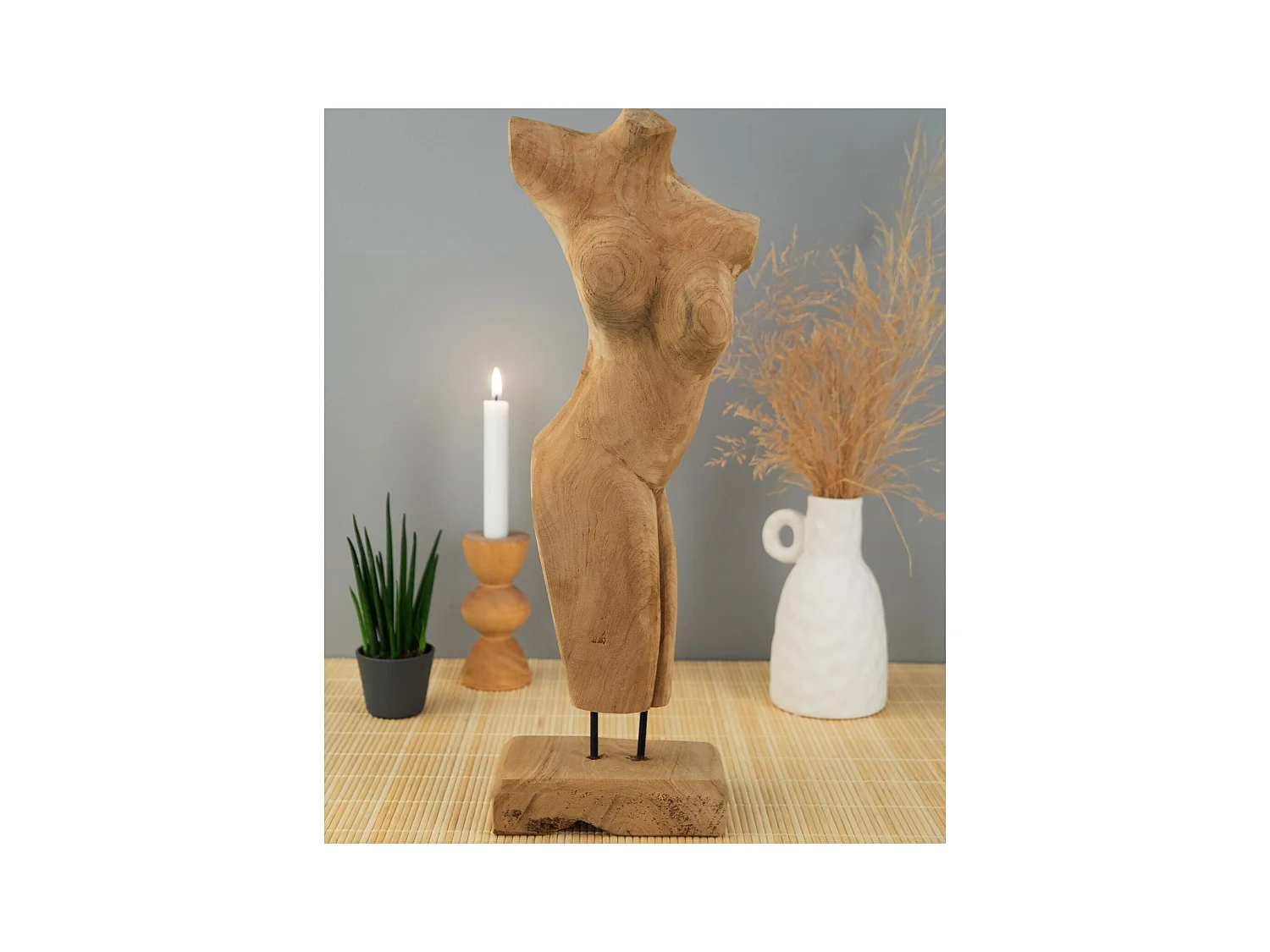 SCULPTURE torse 57 cm, bois de teck sur socle couleurs naturelles