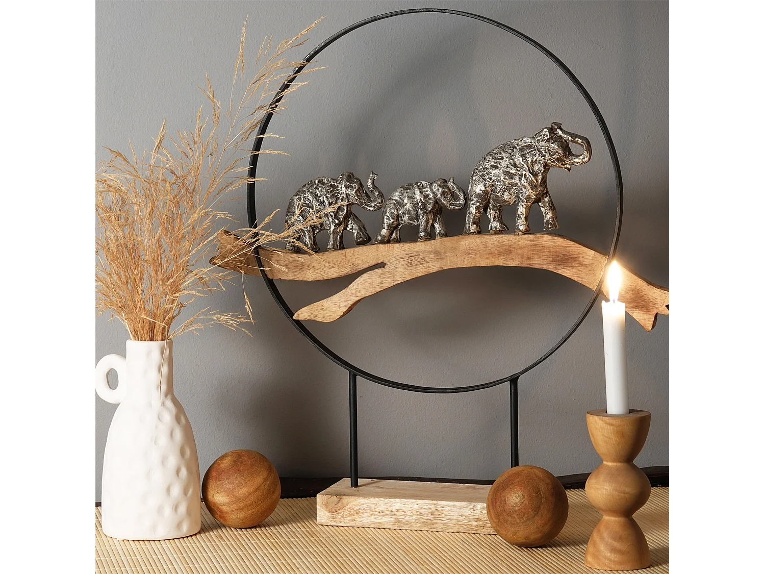 SCULPTURE Grands éléphants Bois de mangue, aluminium argent-nature