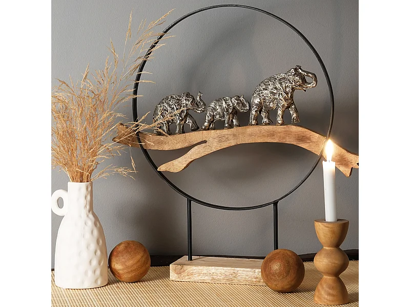 SCULPTURE Grands éléphants Bois de mangue, aluminium argent-nature