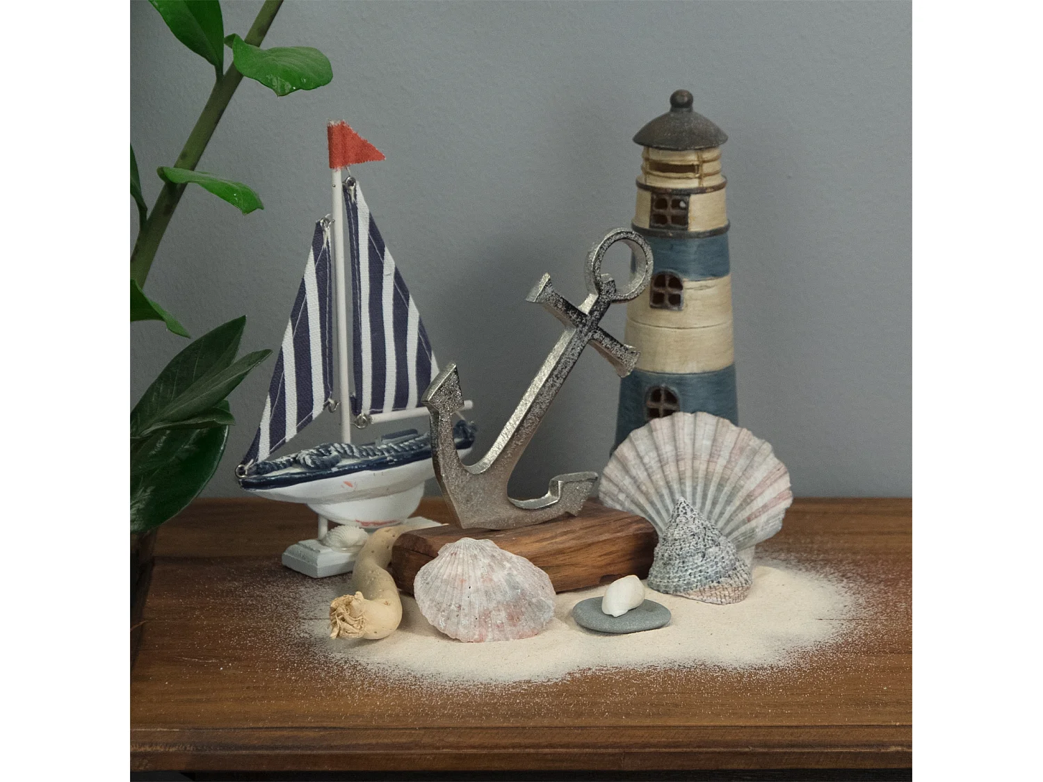 PANNEAU D'AFFICHAGE Ancre maritime et rose des vents Métal, bois de mangue argent-brun