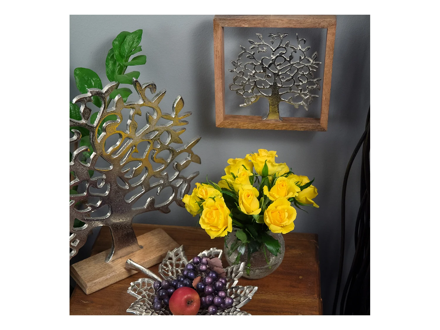 WANDBILD  Lebensbaum Metall, Mangoholz silber-braun