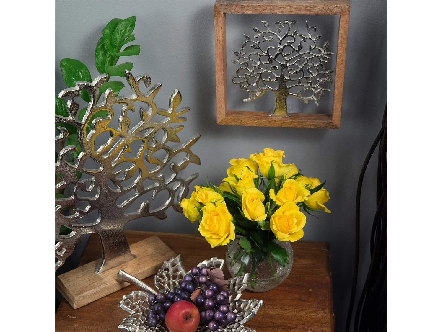 WANDBILD  Lebensbaum Metall, Mangoholz silber-braun