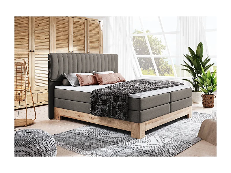 MELIA, Łóżko Tapicerowane na sprężynach kieszeniowych, rama dębowa, elastyczny materac, powierzchnia spania: 160x200 cm, ciemnoszary