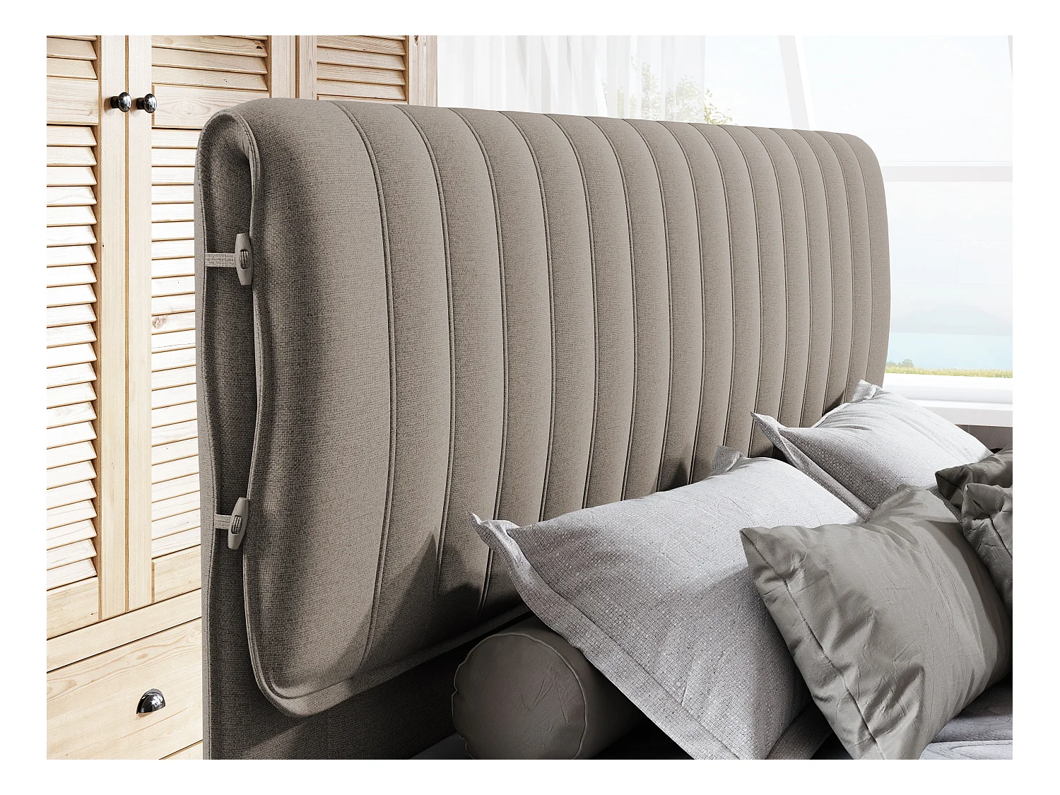 MELIA, Lit rembourré à ressorts ensachés, cadre en chêne, matelas élastique, surface de couchage : 160x200 cm, gris foncé