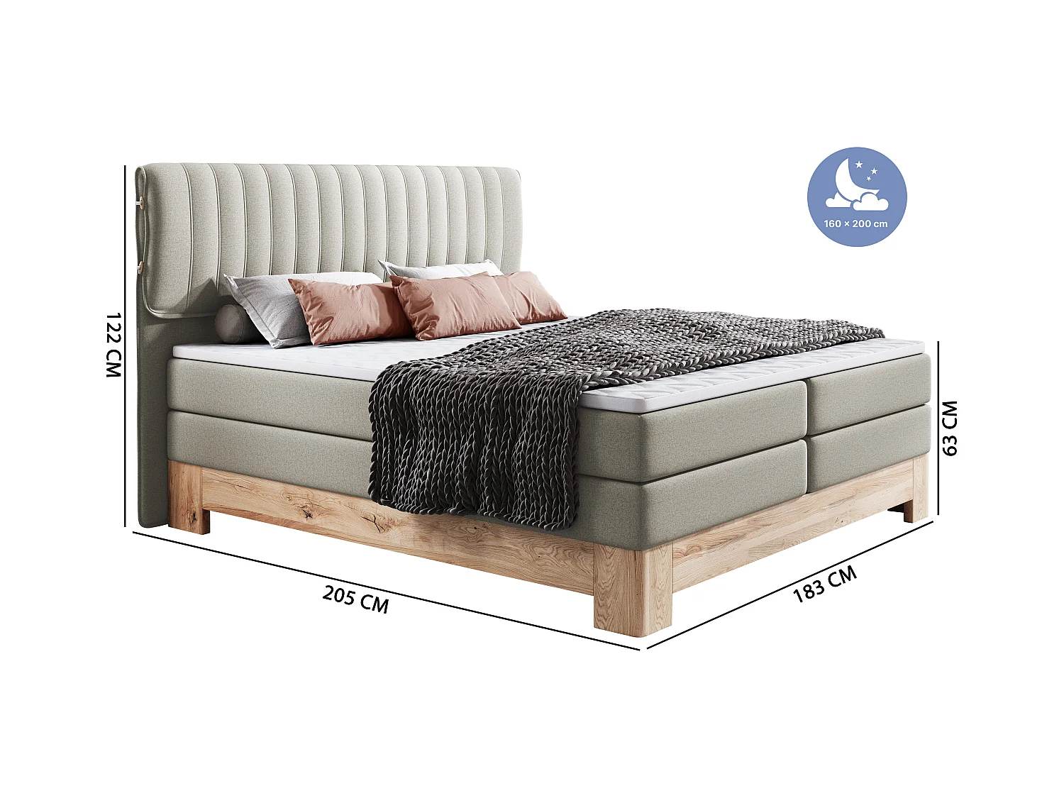 MELIA, Lit rembourré à ressorts ensachés, cadre en chêne, matelas élastique, surface de couchage : 160x200 cm, gris foncé