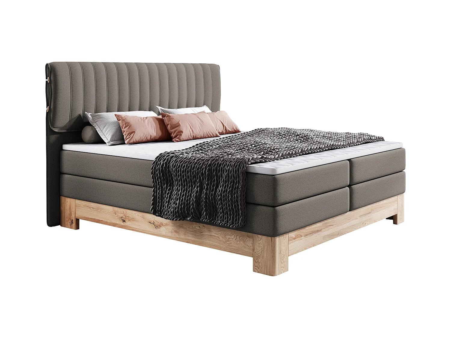 MELIA, Lit rembourré à ressorts ensachés, cadre en chêne, matelas élastique, surface de couchage : 160x200 cm, gris foncé