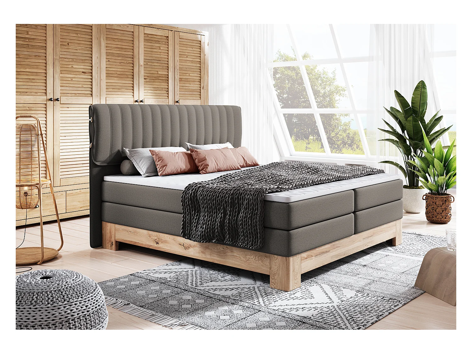 MELIA, Lit rembourré à ressorts ensachés, cadre en chêne, matelas élastique, surface de couchage : 160x200 cm, gris foncé